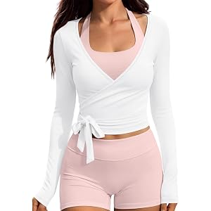 EFAN Womens Double Layer Pilates Wrap Tops Long Sleeve Workout Tie Shirt | Lycra Blend, Ballet Ballerina Dance Outfits, Yoga