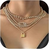 Zurlcdye Layered Necklaces for Women Chunky Gold plated Lock Charm Dainty Statement Chain Choker Layered Stacked Womens Necklaces Trendy Birthday Jewelry Gifts