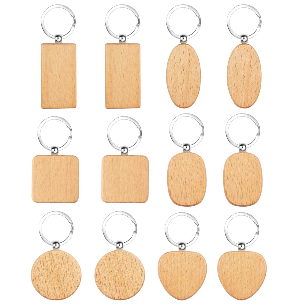 12PCS Wooden Key Ring Blank Wooden Key Chain DIY Personalized Wood Key Ring for DIY Crafts Decorations Gifts Pyrography Design 6 Styles