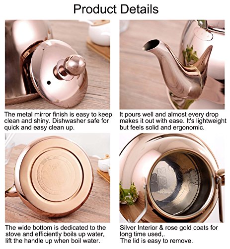 Onlycooker Whistling Tea Kettle Stainless Steel Stovetop Teakettle Sturdy Teapot for Tea Coffee Fast Boiling with Infuser Mirror Finish 2 Liter/2.1 Quart (Rose Gold)