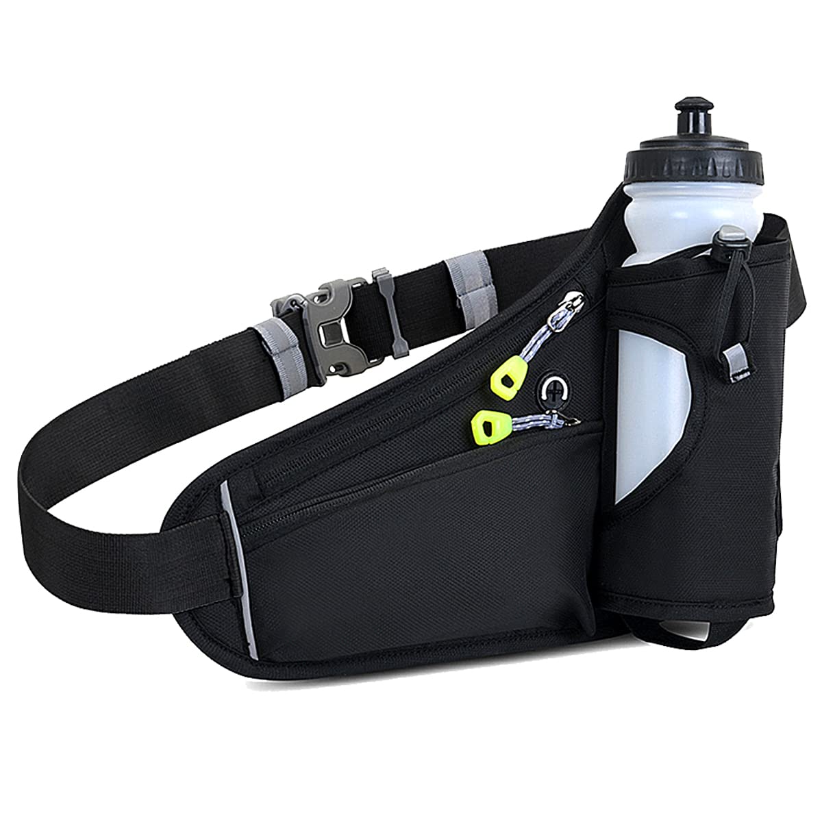 Waist Fanny Pack Waterproof Running Waist Bag Bumbags Cycling Bum Bag with Water Bottle Holder Travel Walking Dog Climbing Hiking Cycling Outdoor Sport Waist Bag with Reflective Strips (Black)