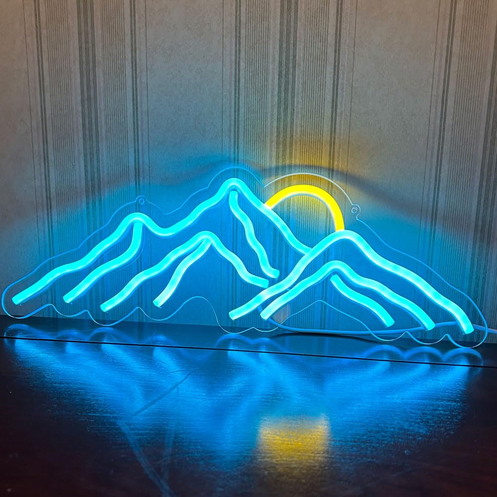 DAKABUKA Mountain Sunset Neon Signs for Room Decor LED Signs For Bedroom Wall Neon Lights for Home Party Wedding Christmas Decorations USB Powered(Ice Blue)