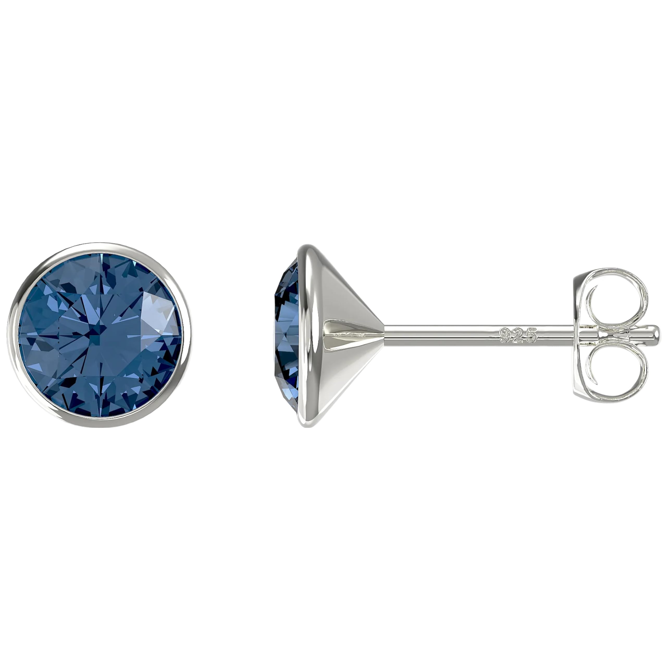 Aeon Birthstone Stud Earrings - September Sapphire | 925 Sterling Silver & Swarovski Crystal | Polishing Cloth Included | Bezel Set Stone