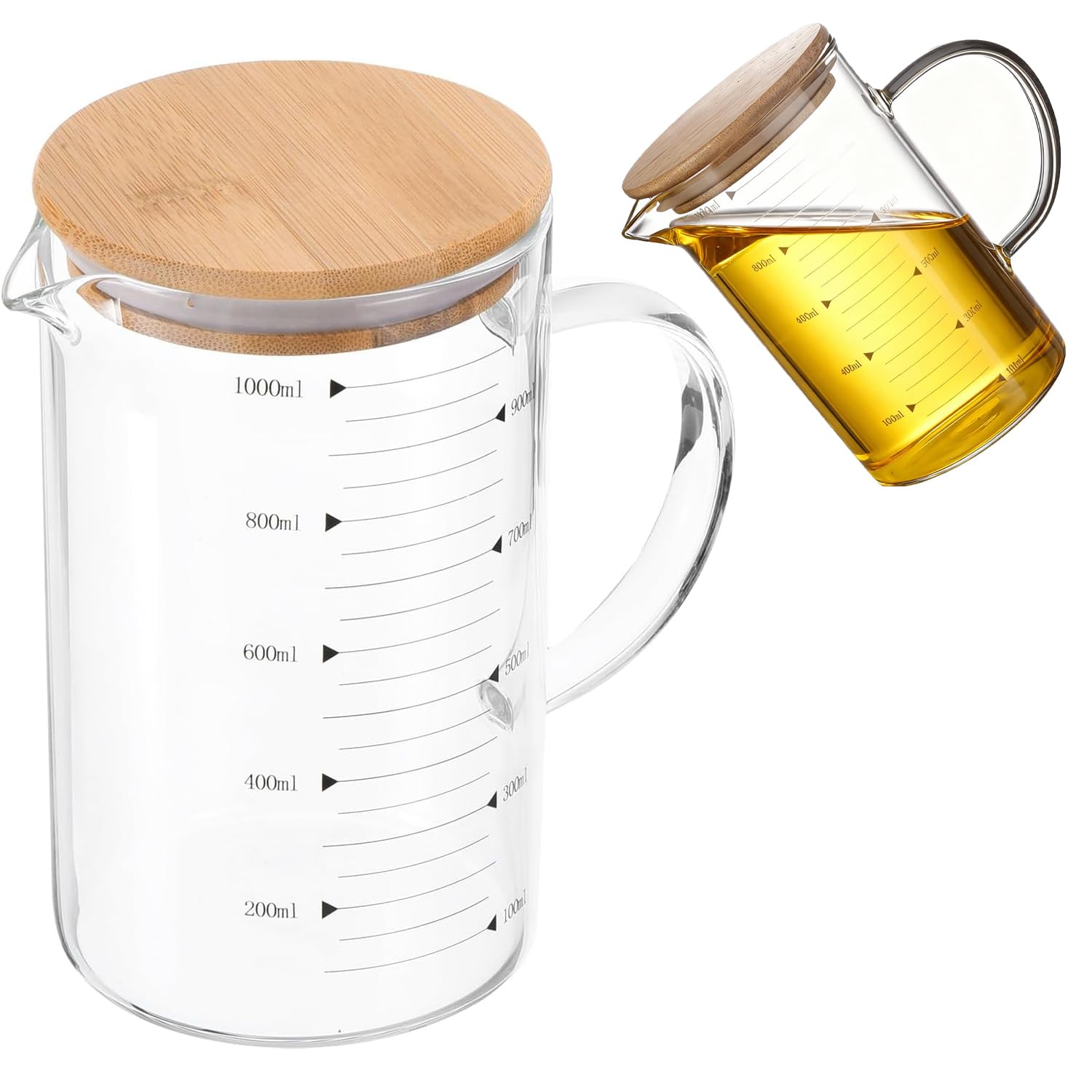 1000ml Glass Measuring Cup with Lid and Handle, Microwave Borosilicate Graduated Glass Beaker Mug Liquid Measuring Cup for Kitchen Cooking Baking