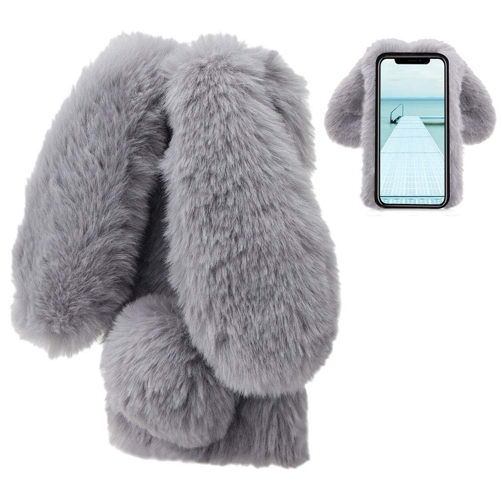 LCHDA iPhone X XS Rabbit Case,iPhone XS X Rabbit Fur Case Bunny Ear Phone Case For Girls Fuzzy Cute Warm Winter Soft Furry Fluffy Ball Fur Hair Plush Protective Case Cover With Screen Protector-Gray