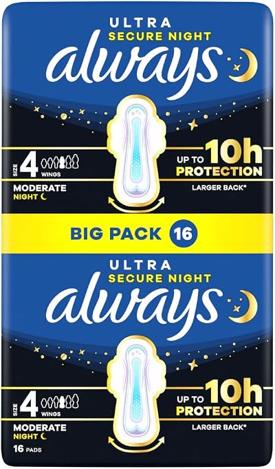 Always Ultra Night Sanitary Pads with Wings Size 4 16 pk