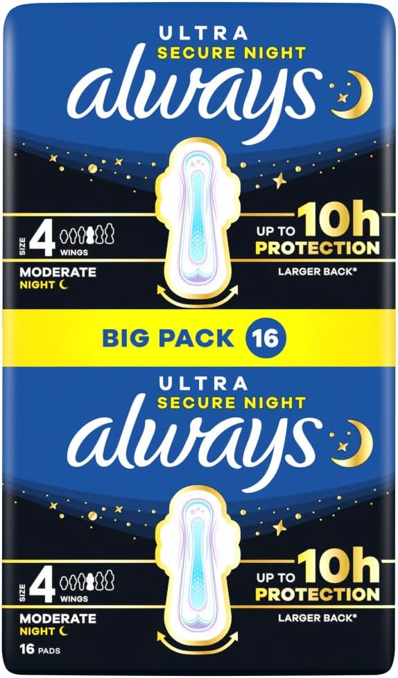 Always Ultra Night Sanitary Pads with Wings Size 4 16 pk