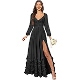 YMeiPaodw Women's Long Sleeve Bridesmaid Dresses for Wedding with Slit Ruffle Chiffon Formal Evening Party Dress