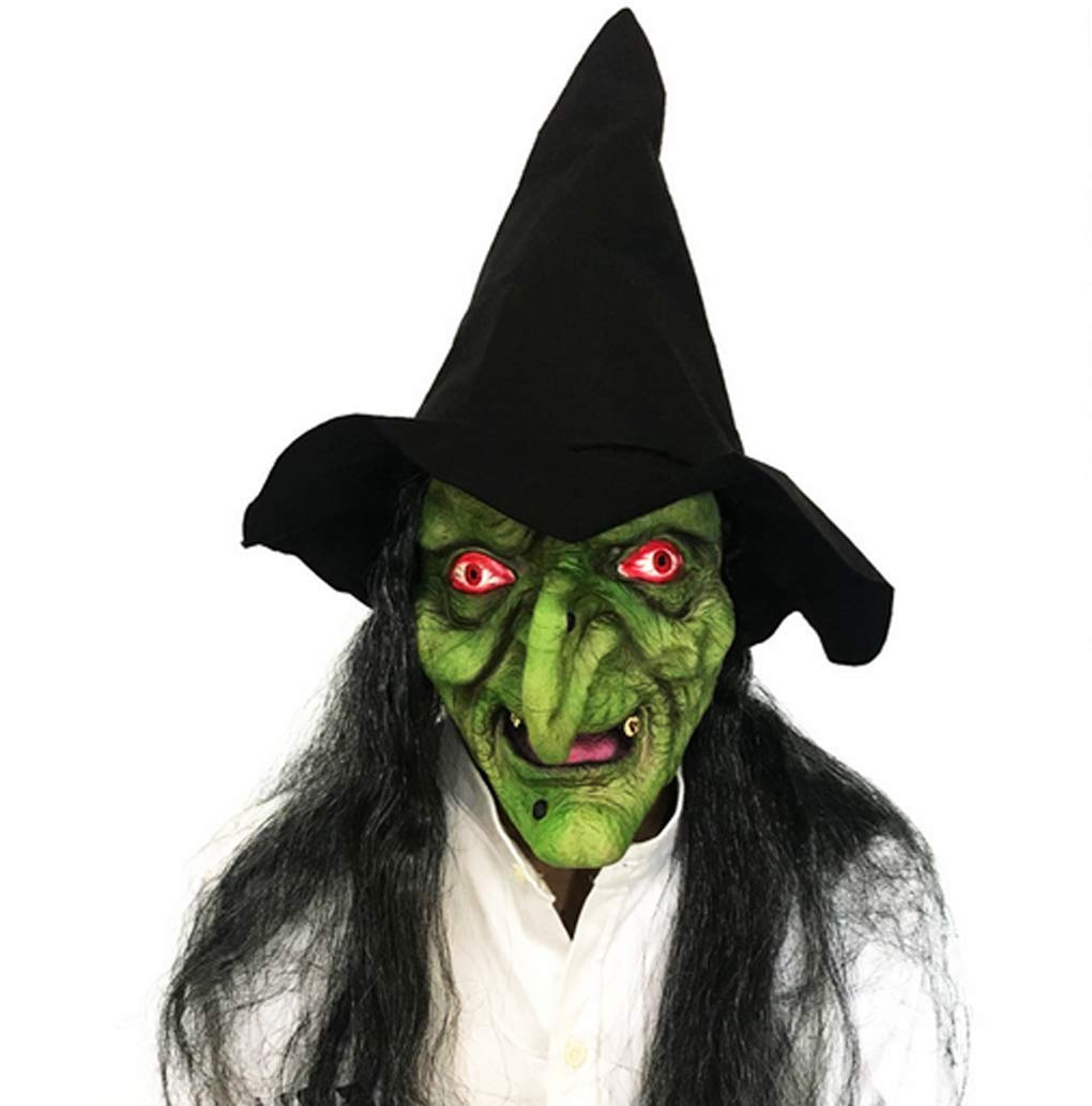 Moonlove Horrible Halloween Green Witch Latex Wizard Mask With Hoodie Hat and Long Wig Hair Cosplay Costume Ball Halloween Parties Supply for Adutls (With Hat & Hair)