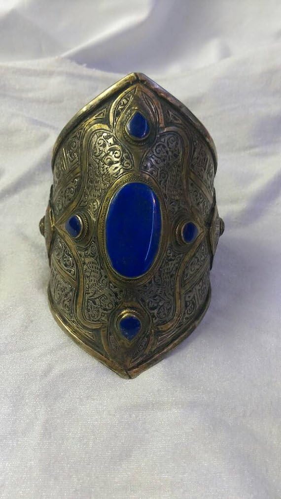 Worldwide Afghan Lapis Lazuli Cuff Bangle Bracelet Alpaca Silver Traditional Handmade Jewelry Vintage Turkmen Bohemian