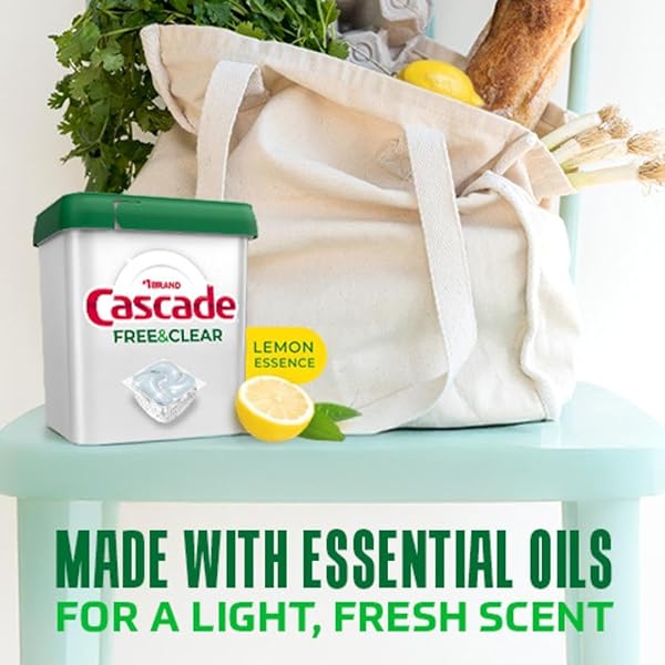 CASCADE FREE & CLEAR DISHWASHER PODS, DISHWASHER DETERGENT, DISH DETERGENT SOAP, LEMON ESSENCE, 19 COUNT
