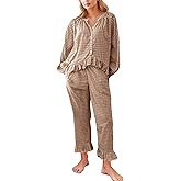 Flygo Womens Plaid Pajamas Sets 2 Piece Cotton Pj Set Puff Sleeve Ruffle Babydoll Shirt Gingham Pants Lounge Sets