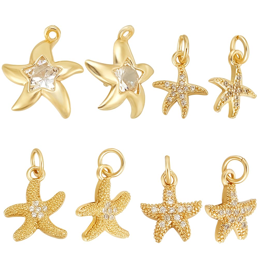 Beebeecraft 1 Box 12Pcs Starfish Charm 18K Gold Plated Brass 4 Styles Sea Stars Charms Sea Cubic Zirconia Animal Charm for Summer Them Ocean Craft Jewellery Making