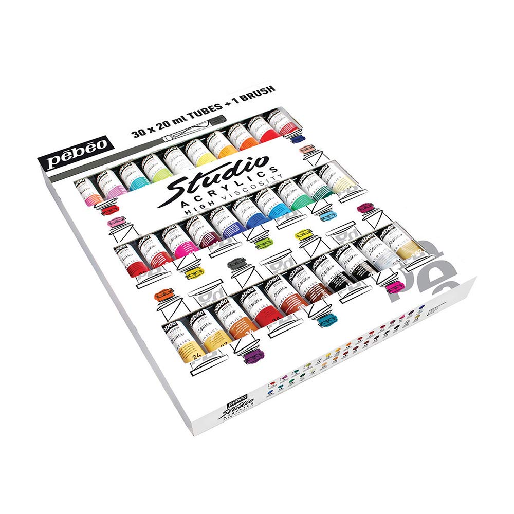 Pebeo 833431 20 ml Studio Acrylics Assorted Tubes with Brush, Set of 30 — image 1