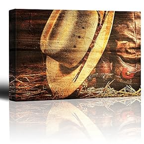 Hat and Boots on Straw - Hat and Spurred Boots on a Wood Texture - Country and Western Rural Style - Canvas Art Home Art - 12x18 inches