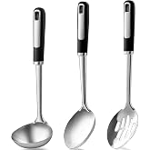 Stainless Steel Serving Spoon Set with Heat-Resistant Handles,3-Piece | Includes a serving spoon, slotted spoon, and deep soup ladle with ergonomic heat-resistant handles for cooking and serving.