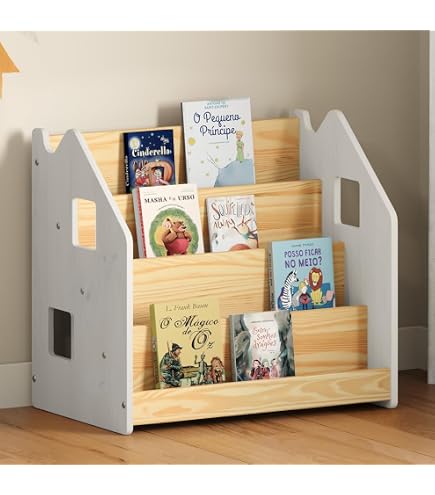 Estante Infantil Montessori em Madeira com 5 Bolsos - Porta Livros para Quarto de Bebê