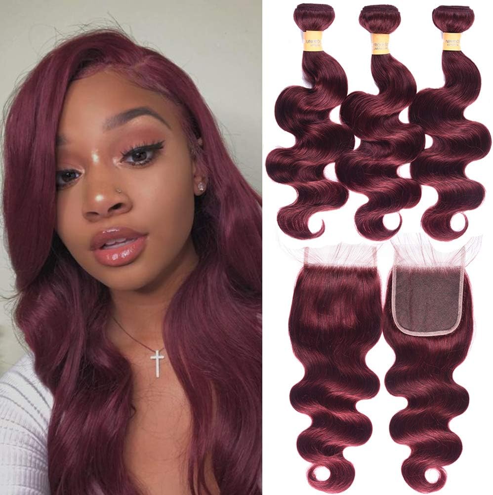 WOME 8A Burgundy Hair Bundles with Closure Color 99J Body Wave Bundles with Closure Brazilian 100% Unprocessed Virgin Human Hair Weaves(16 18 20+ 16 Closure)
