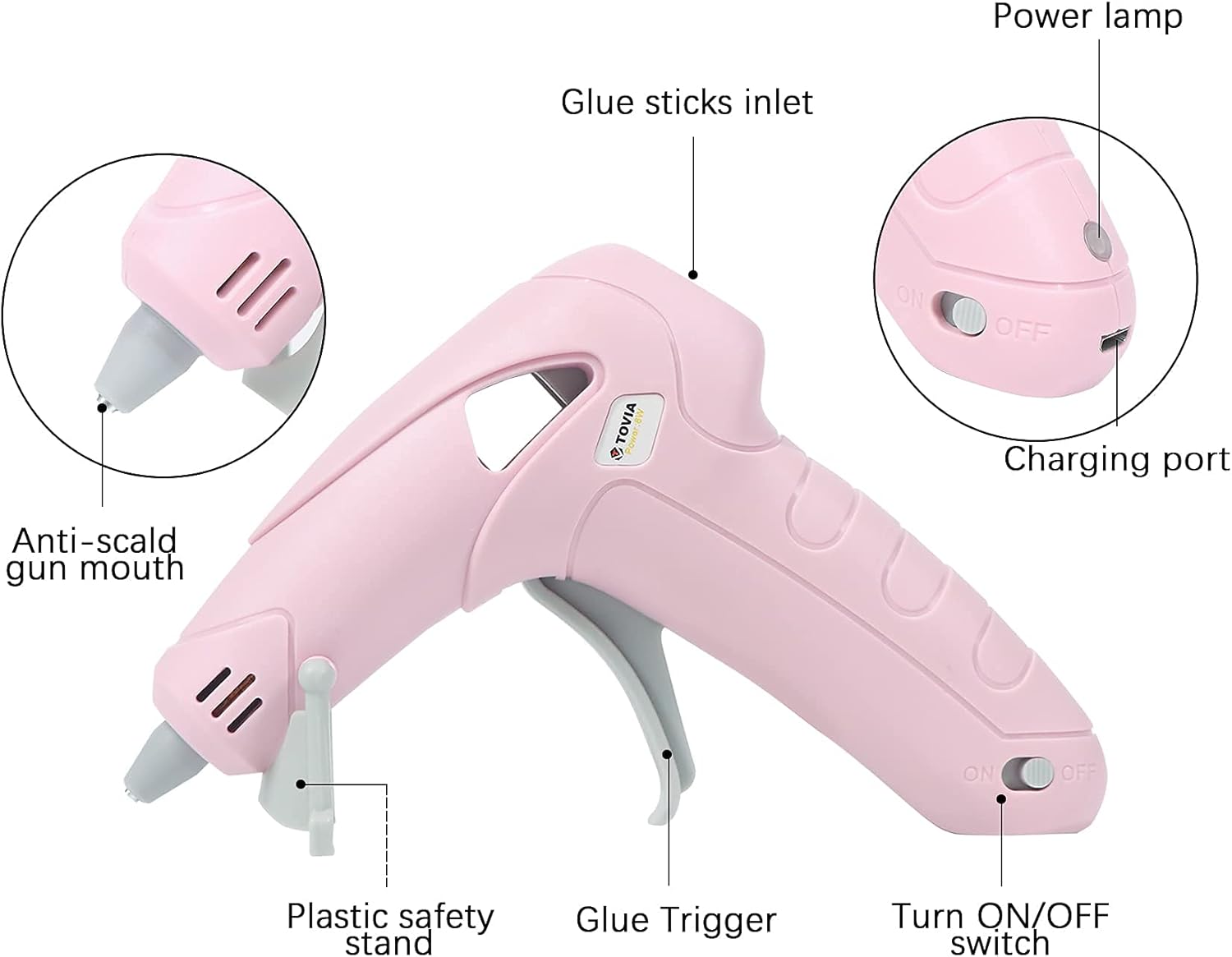 T TOVIA Wireless Hot Glue Gun, Battery Operated Mini Cordless Rechargeable Hot Melt Gun Kit with 30pcs Clear and Black Glue Sticks for Children Adults DIY Crafts, Home Decoration, Daily Repairs(Pink): Home Improvement