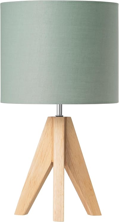EDISHINE Bedside Lamp 36cm Wood Tripod with Bean Green Linen Shade E27 2700K