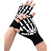 Amazleer Skeleton Fingerless Gloves, Unisex Halloween Costume Accessory, Gothic Bone Design, Black