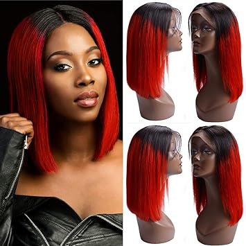 Amazon Com 14 Ombre Red Short Bob Human Hair Wigs Glueless