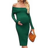 Yousify Womens Maternity Sweater Dresses Off Shoulder Long Sleeve Knit Bodycon Midi Dresses for Baby Shower Photoshoot