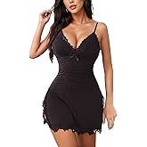 GlavidGlee Women's Lingerie Nightwear V Neck Lace Nightgown Slip Dress Side Split Babydoll Chemise Sleepwear