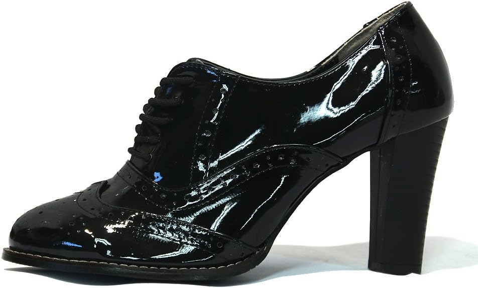Womens Shiny Oxford Booties Heels Lace up Chunky Pumps