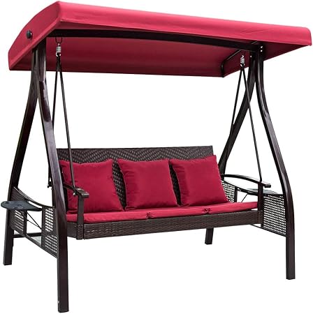 Amazon Com Sundale Outdoor Deluxe Wicker Porch Swing Canopy Sling Chair 3 Seats With Steel Frame Patio Backyard Awning Red Garden Outdoor