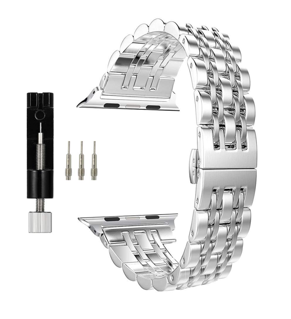 MaKTech Seven-Piece Stainless Steel Metal Bracelet Band Compatible with Apple Watch Series 7/6/SE/5/2021 (42mm/41mm/40mm,Silver)