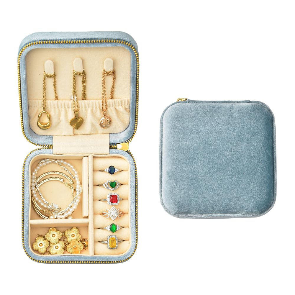 Photo 1 of TAIMY Plush Velvet Travel Jewelry Box, Small Travel Jewelry Case, Portable Mini Jewelry Travel Organizer Boxes for Rings Earrings Necklaces Bracelets(Light Blue,No Mirror)