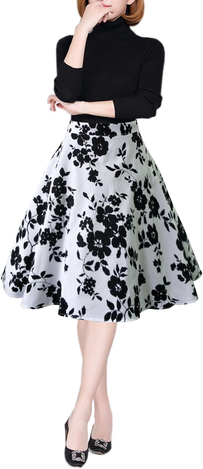 emondora Women's Retro Printed Flared Skirt A-line Swing Casual Pleated Midi Skirts
