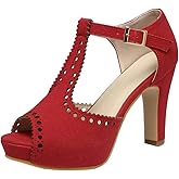 getmorebeauty Women's Vintage Heeled Sandals Suede Ankle T Straps Dress Block High Heel Sandals Women Shoes