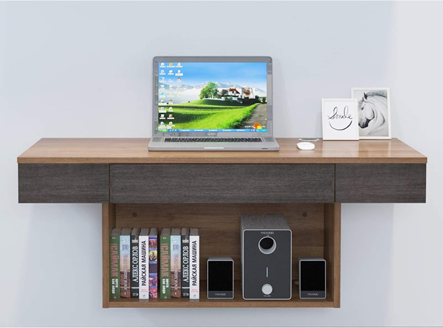 XM&LZ Home Office Wall Mounted Desk with Storage Compartments,Gaming PC Computer Desk for Study,Sturdy Floating Wooden Desk Workstation-Walnut 47x19x16inch