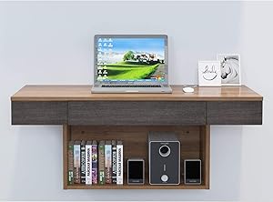 XM&LZ Home Office Wall Mounted Desk with Storage Compartments,Gaming PC Computer Desk for Study,Sturdy Floating Wooden Desk Workstation-Walnut 47x19x16inch