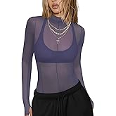Mesh Sheer Long Sleeve Layering Tops for Women Mock Neck Sexy Going Out Lace Tee Shirt See Through Party Club Concert Blouse