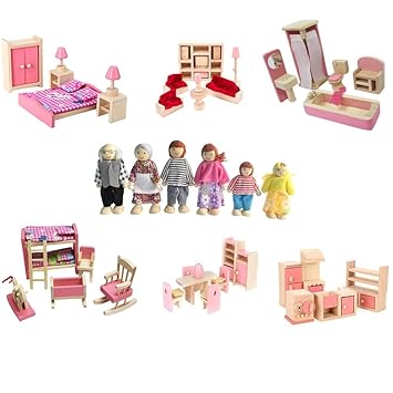 kunhe 6 Set Wooden Dollhouse Furniture Including Kitchen,Bathroom, Bedroom, Kids Room,Living Room,Dinning Room for Dollhouse Pink Color with 6 Dolls