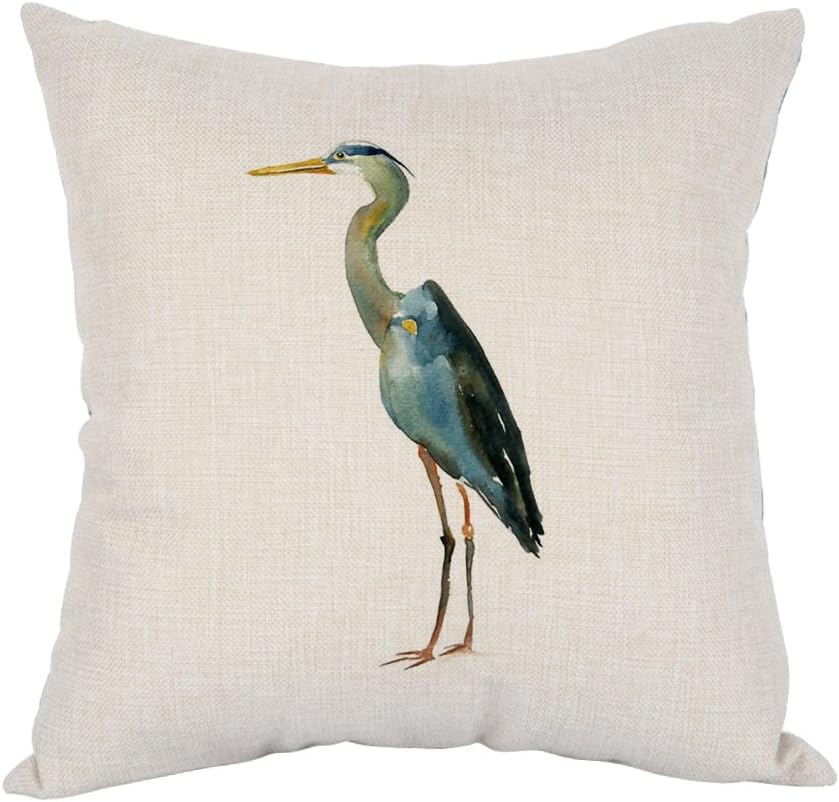 Moslion Heron Pillow,Home Decorative Throw Pillow Cover Watercolor Blue Heron Cotton Linen Cushion for Couch/Sofa/Bedroom/Livingroom/Kitchen/Car 18 x 18 inch Square Pillow case