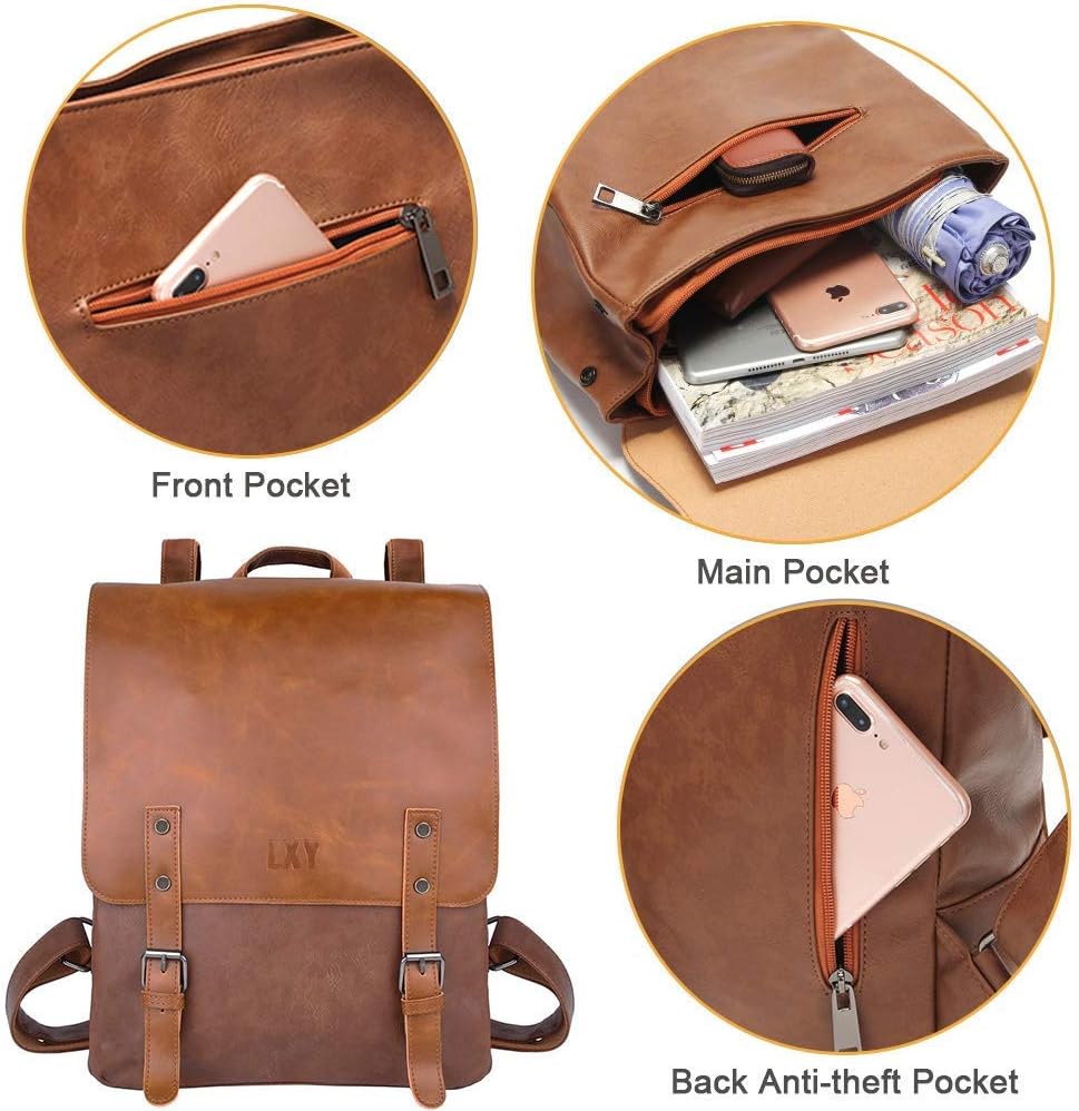 LXY Vegan Leather Backpack Vintage Laptop Bookbag for Women Men - Brown - One Size…, 14.3"H x 11"L x 3.9"W - Image 5