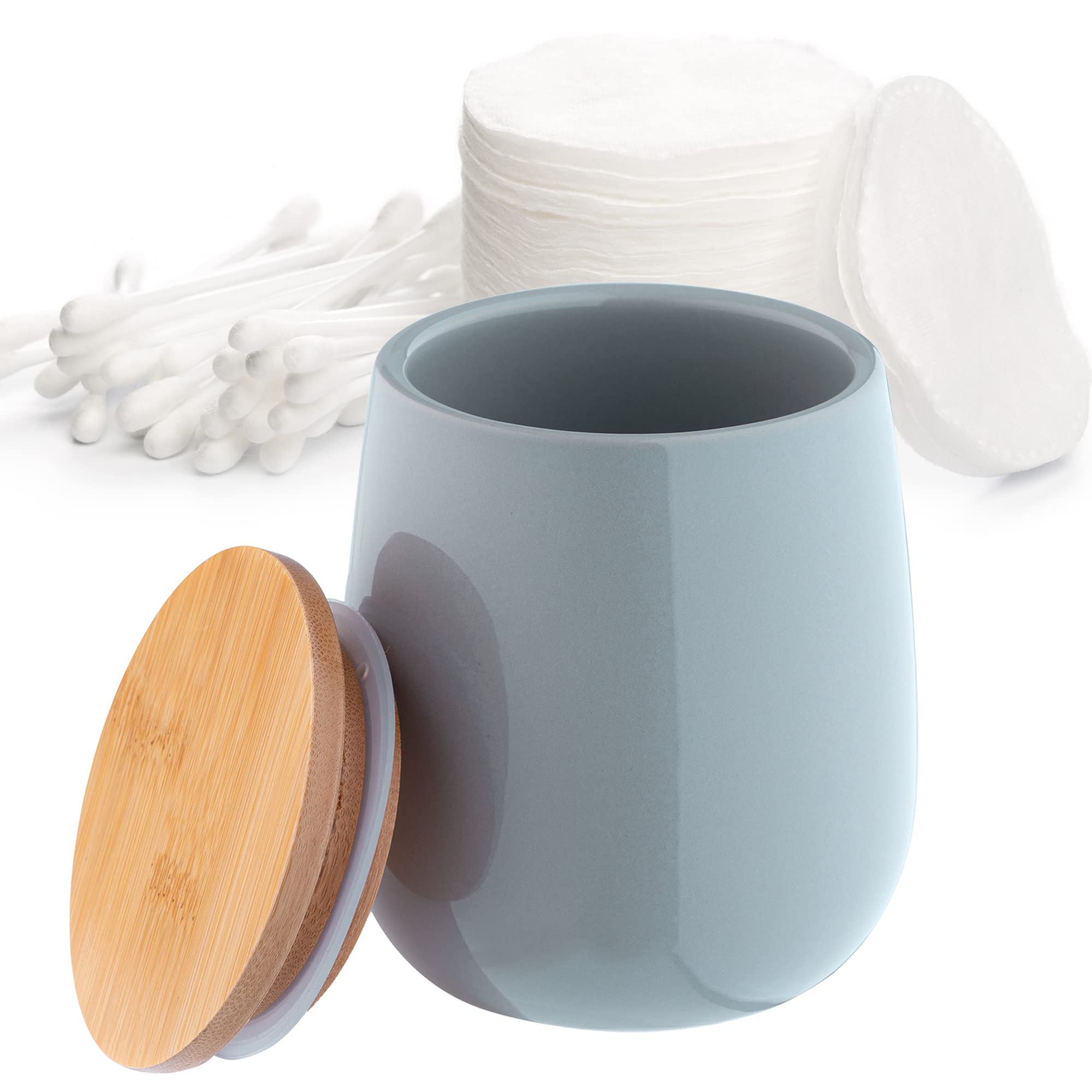 KADAX Bathroom Container, Ceramic Cotton Pad Holder with Bamboo Lid, Small Bathroom Canister for Cotton Buds, Bobby Pins, Stylish Bathroom Organiser (Grey)