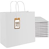 PAICUIKE 100Pcs White Kraft Paper Bags with Handles, 11x6x11 Inch Large Shopping Gift Bags for Valentine’s Day, Retail, Parties, Weddings, Birthdays, Gift Packaging
