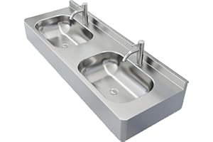 Wall Mounted Floating Double Bowl Sink, Commercial Dual Hand Washing Station Stainless Steel Vessel Sink, Trough Bathroom Sin