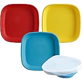 Re-Play Toddler Plates - 22 Oz. Deep-Walled Flat Kids Plates with Lid - Dishwasher & Microwave Safe - Made in USA - Set of 3-7.37" x 7.37" x 1.25" - Preschool