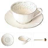 POWDONUNT Vintage Floral Porcelain Tea Cup and Saucer Set with Spoon, Gold Trim, 6.4 oz – Set of 1, Light Blue – Tea & Espresso & Coffee Cups (1, Light Blue)