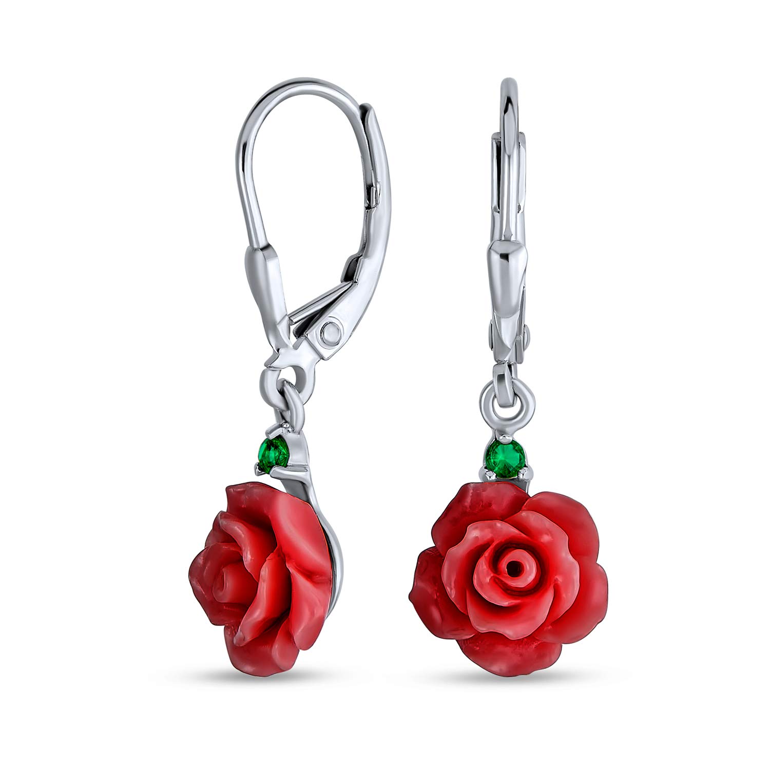 Romantic Delicate Floral Blooming 3D Red Rose Flower Green CZ Accent Lever back Dangle Earrings For Women Teen .925 Sterling Silver — image 1