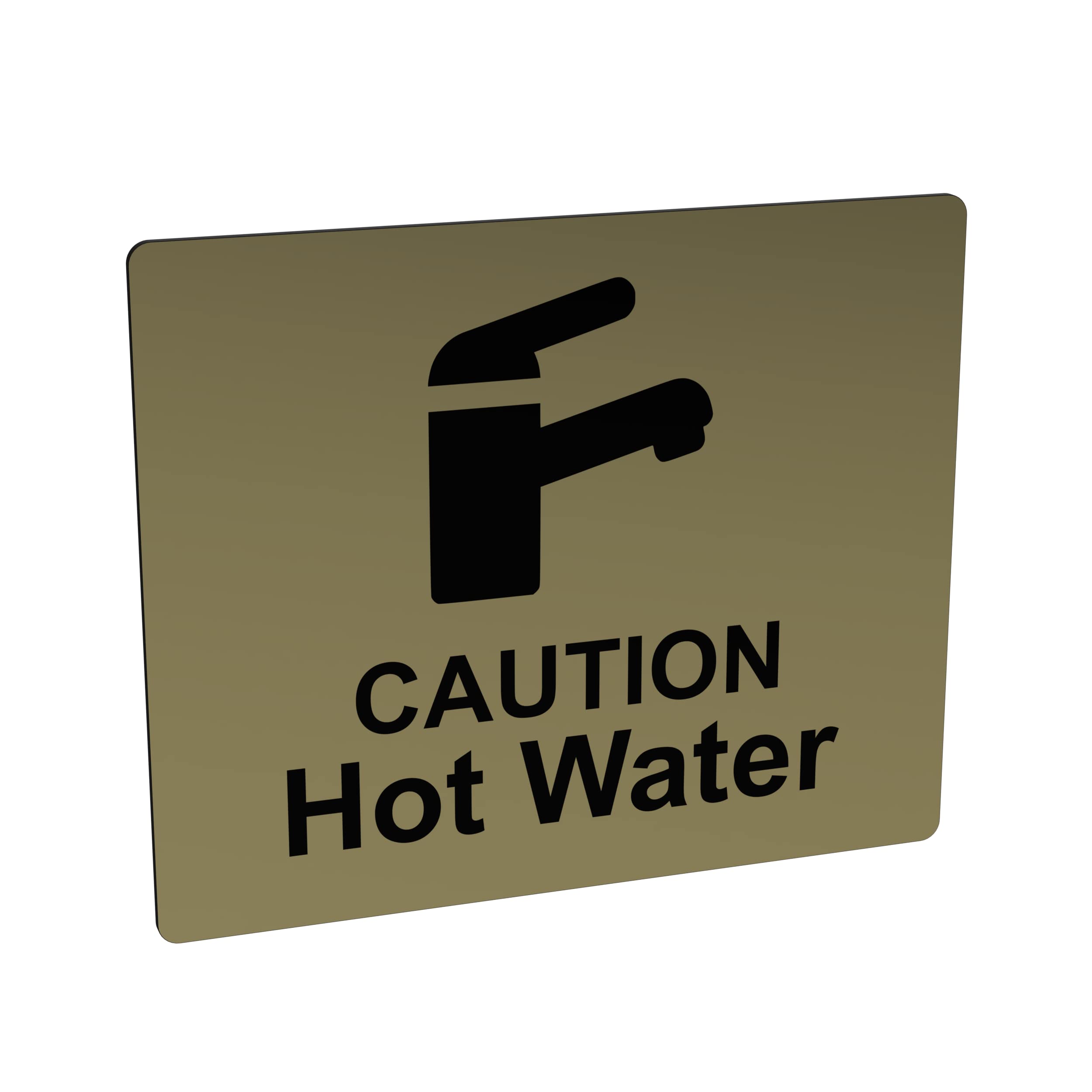 Caution Hot Water Tap Sink Sign with Adhesive Sticker Backing, Metallic Gold Engraved Black with Universal Icon Symbol and Text. Self Adhesive Safety Signs. (Size 12 cm x 10 cm)