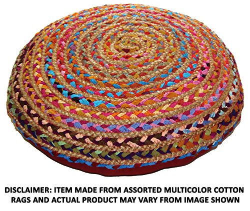 Cotton Craft - Hand Woven Jute & Cotton Multi Chindi Floor Pillow - 24 inch Round - Solid color Red back - Pillow made from multi color re-cycled yarns, actual product may vary in color from image