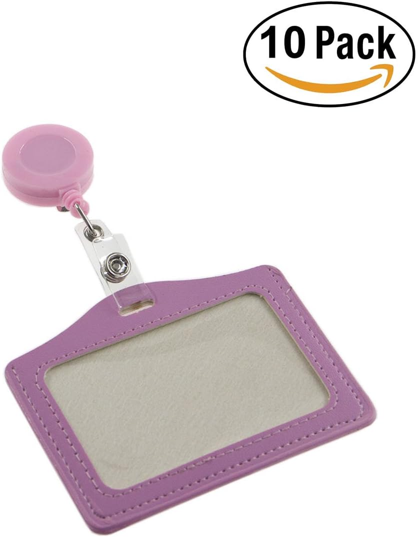 Oaimyy Bright-Colors PU Leather Solid Horizontal Style Card Holder with Color Solid Clip Retractable Badge Reels-10 Pcs-Pink
