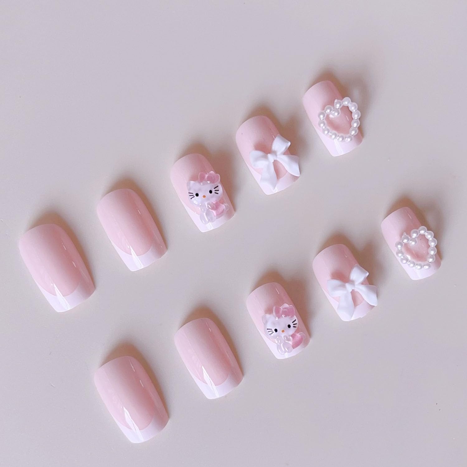 French Tip Press on Nails Short Cute Pink Nail Art Cartoon with Pearl Heart Bow Design, White French Nails Press ons False Nails Fashion Fingernails 24pcs - Image 2